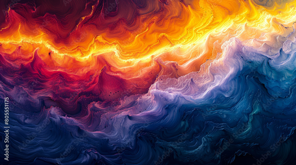 A colorful, abstract painting of a wave with a yellow