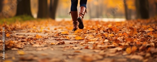 Warm autumn woman's walking motion is captured among fallen leave
