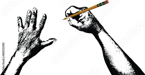 Transparent arms holding a sheet of paper and a lead pencil while signing, writing, sketching, doing homework, or taking notes.