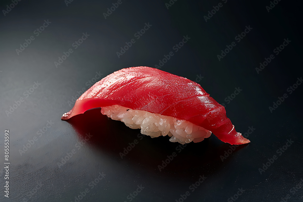 single piece of tuna sushi against a black background, with a focus on the fresh texture and color of red tuna meat single piece of tuna sushi against a black background, with a focus on the fresh texture and color of red tuna meat
