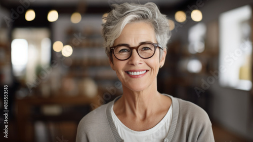 Smiling Senior Woman with Glasses in Cozy Setting