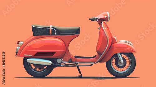 Vibrant red motor scooter parked on a bright orange background. Perfect for transportation concepts