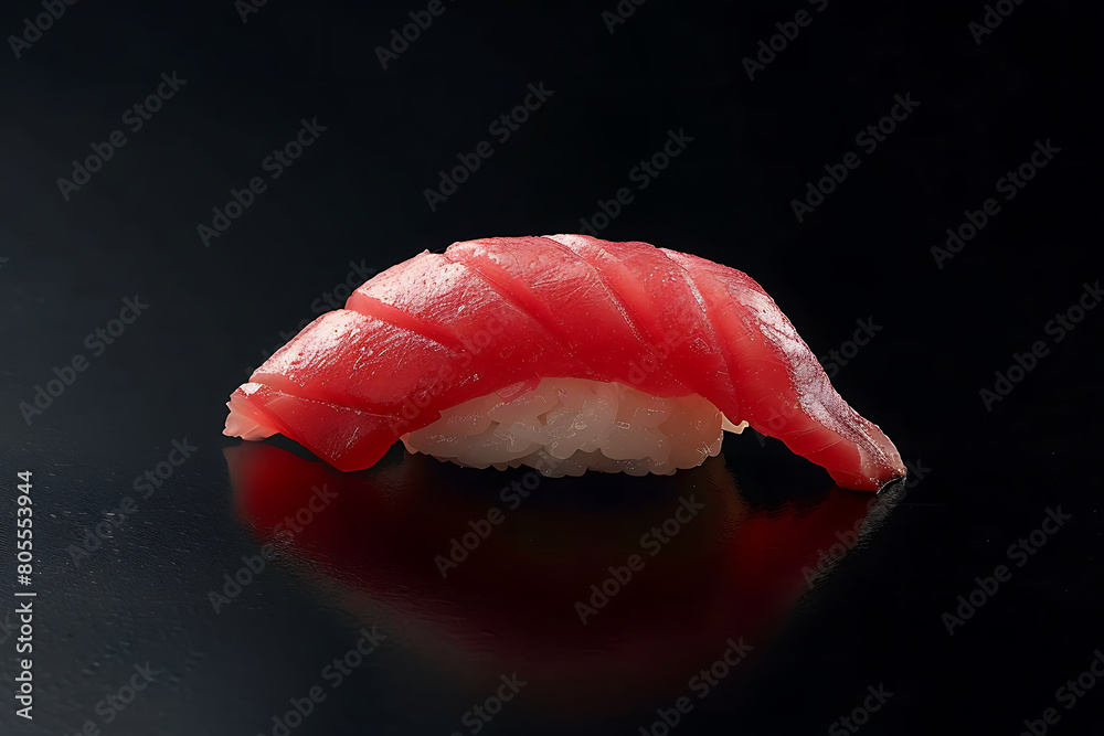 single piece of tuna sushi against a black background, with a focus on the fresh texture and color of red tuna meat single piece of tuna sushi against a black background, with a focus on the fresh texture and color of red tuna meat