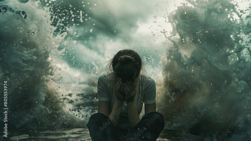 A woman sitting on a rock in front of a powerful wave. Suitable for travel and adventure themes A woman sitting on a rock in front of a powerful wave. Suitable for travel and adventure themes