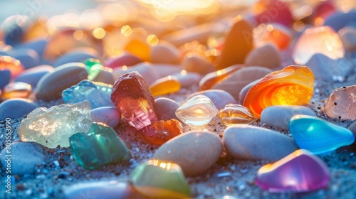 Colorful gemstones on a beach