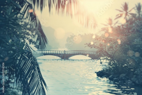 Tranquil scene of a bridge over a body of water. Perfect for nature-themed designs