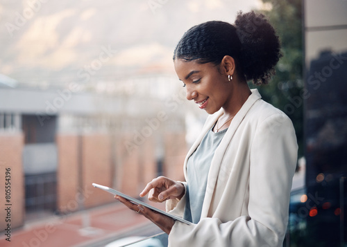 City, balcony and business black woman on tablet in startup for website, online networking and research. Professional, office and person in town for career, job and working on digital technology