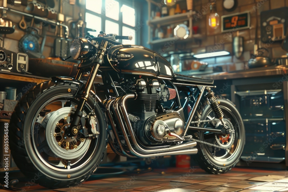 A motorcycle parked in a garage. Suitable for automotive and transportation concepts A motorcycle parked in a garage. Suitable for automotive and transportation concepts