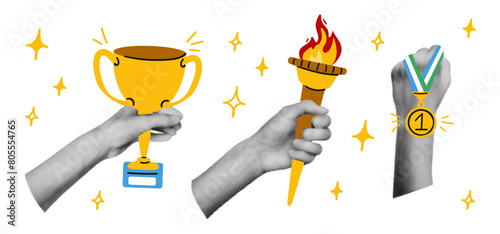 Trendy collage elements set Halftone hands holding trophy cup, torch with burning fire and first place gold medal. Success, victory. Modern retro vector illustration for mixed media design photo
