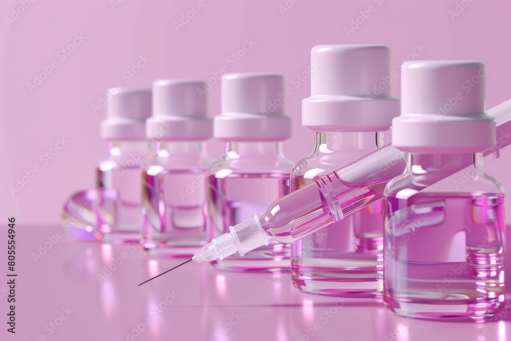 A row of vials filled with pink liquid. Suitable for medical or scientific concepts A row of vials filled with pink liquid. Suitable for medical or scientific concepts