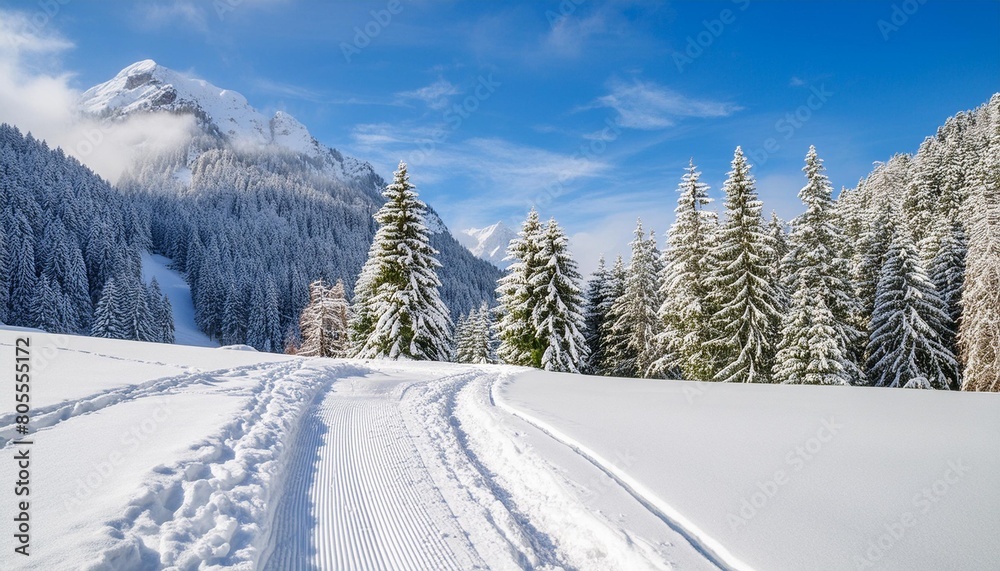 winter wonderland scenery with cross country skiing track in the alps