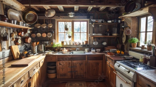 A rustic cabin kitchen where a home cook expertly prepares a comforting salmon chowder, filling the air with savory aromas. photo