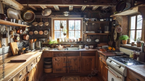 A rustic cabin kitchen where a home cook expertly prepares a comforting salmon chowder, filling the air with savory aromas.