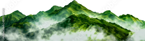 Majestic green mountain peaks rising above the fog landscape cut out on transparent background