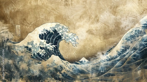 Great wave in ocean as vintage Japanese style illustration wallpaper background. AI generated illustration