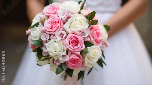 A bride holds her bridal bouquet of pink and white red roses