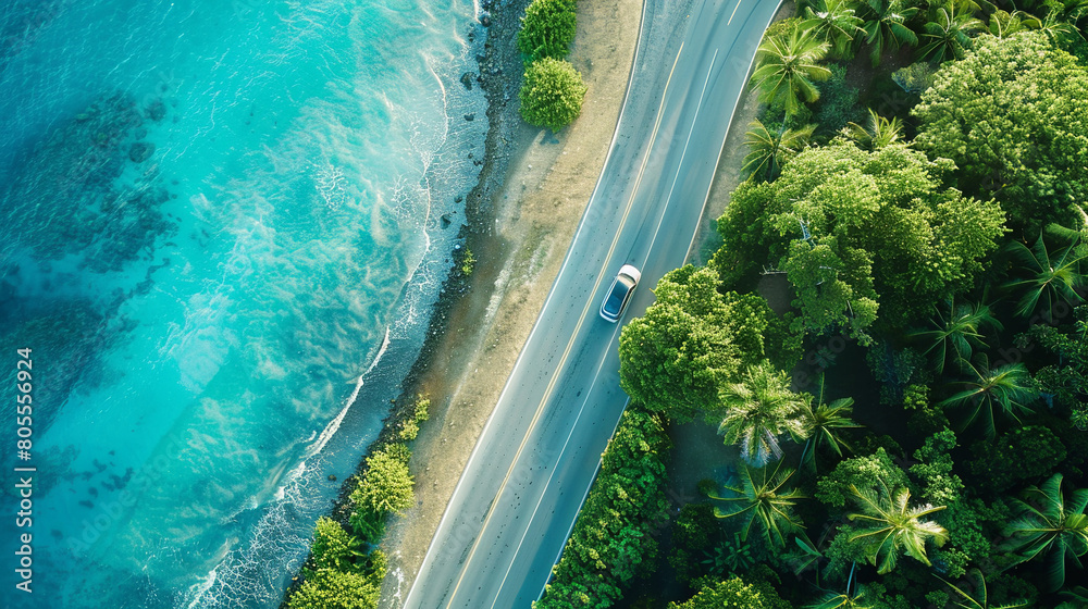 An aerial view of a coastal road trip, a sleek modern car driving along a winding road, between the turquoise sea on one side and dense palm forest on the other