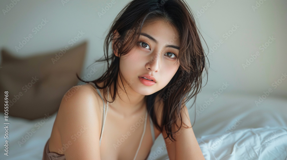 Beautiful young Japanese woman posing on bed Beautiful young Japanese woman posing on bed