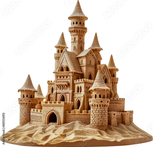 Intricate sandcastle sculpture with towers and arches cut out on transparent background © Maestro