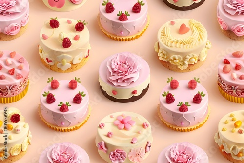 Brightly colored soft pink and yellow cream cakes. Top view