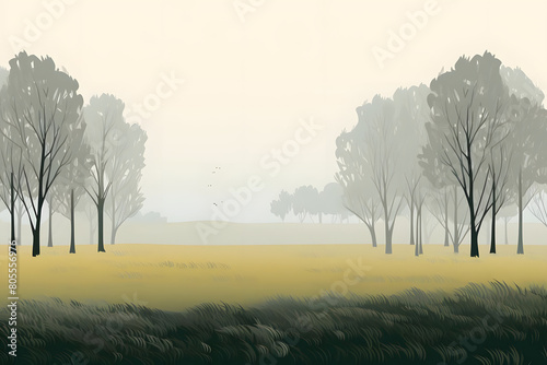 enshrouded pastures, foggy fields with poplar trees. field landscape. vector background photo