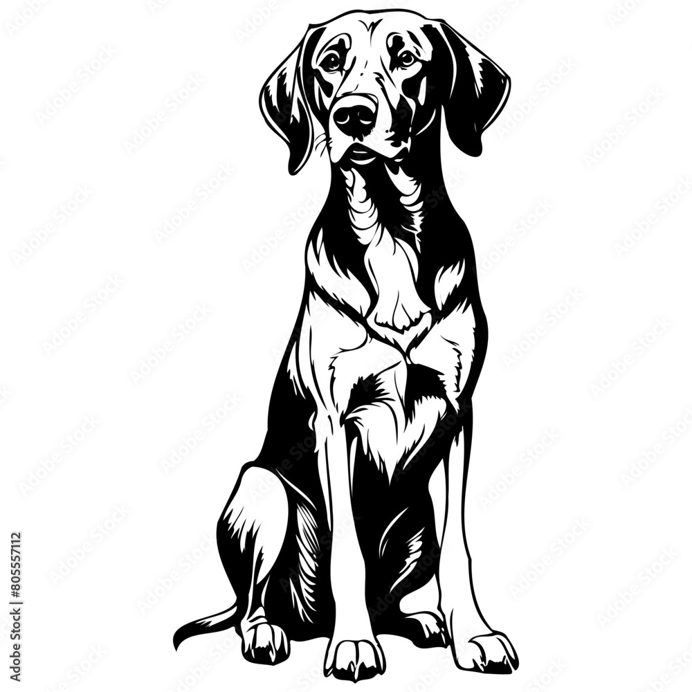 Drawing of Bavarian Mountain Hound sitting realistic, ink sketch of animal outline portrait, transparent background