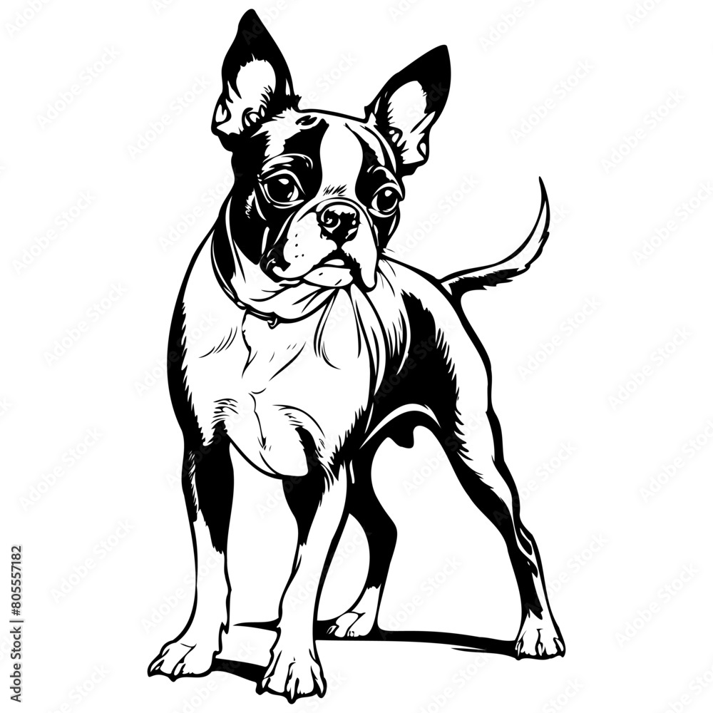 Drawing of Boston Terrier monochrome hand drawn animal illustration, transparent background Drawing of Boston Terrier monochrome hand drawn animal illustration, transparent background