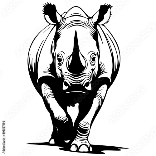 Engrave Black Rhinoceros drawing, outline cartoon animal, vector engraving silhouette with transparent background