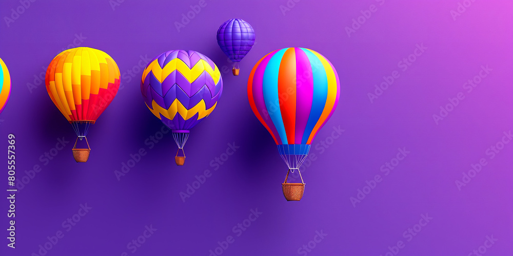 colorful air balloon on vivid purple background with copy space