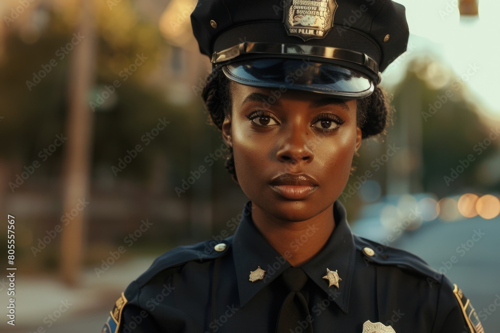 A woman in a police uniform standing on a street. Suitable for law enforcement concepts