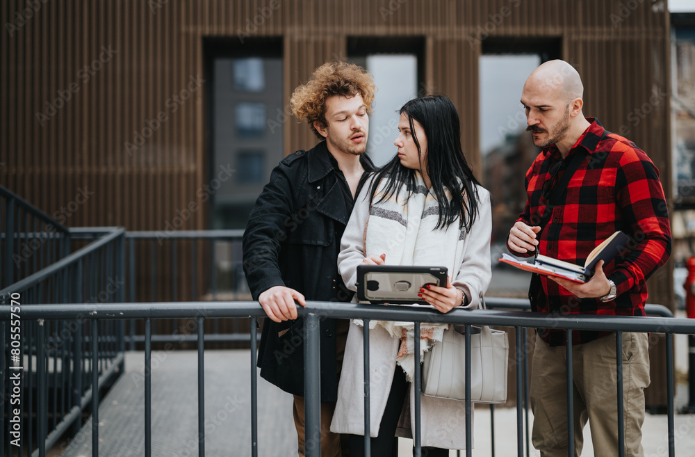 A diverse group of business associates is engaged in a discussion outdoors, holding tablets and notebooks. A diverse group of business associates is engaged in a discussion outdoors, holding tablets and notebooks.