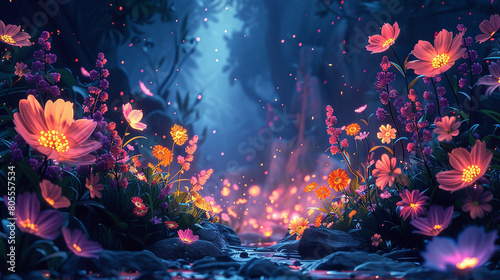 Flat design, cartoon style enchanted forest, a small valley full of lights and shining flowers