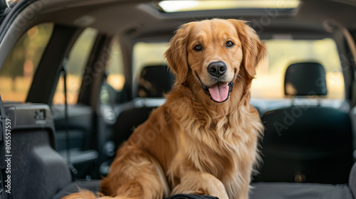 Golden retriever dog sitting in car trunk ready for a vacation trip © Nate