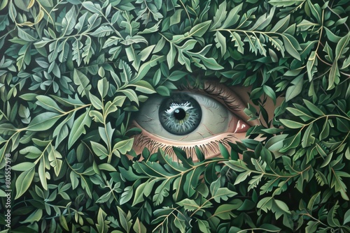 A mysterious eye peeking out of a bush, perfect for suspense or mystery themes