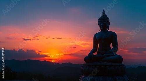 A serene silhouette of a Buddha statue against a vibrant sunset, casting a peaceful shadow, symbolizing enlightenment and tranquility. © Plaifah