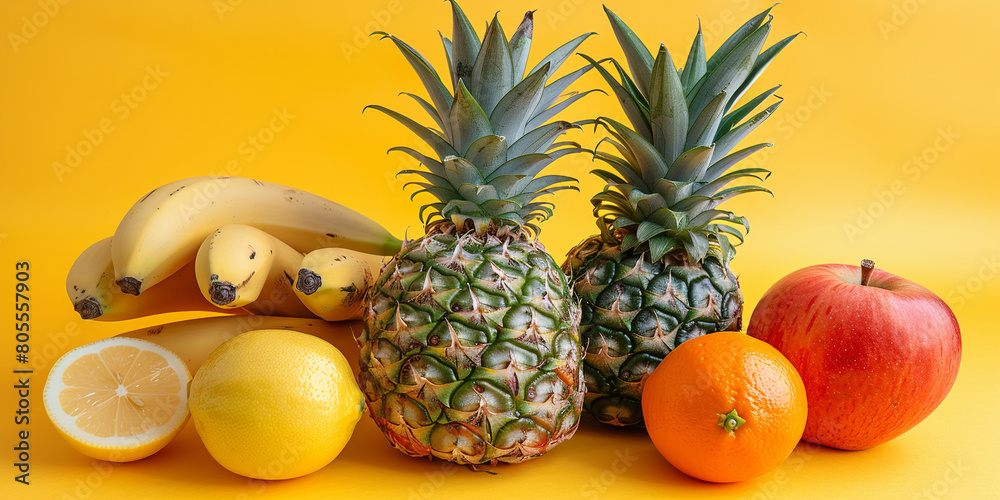 pineapple, apple, two oranges and lemon, bananas on vivid yellow background with copy space pineapple, apple, two oranges and lemon, bananas on vivid yellow background with copy space
