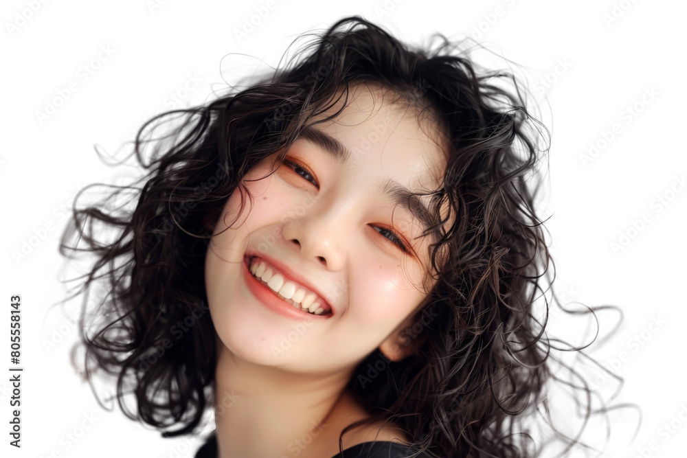 Young woman with curly hair smiling isolated on transparent background. Young woman with curly hair smiling isolated on transparent background.