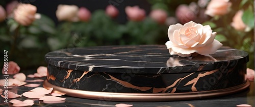 Modern Black Marble Podium  front view focus with Rose Gold Accents and Soft Pink Flowers Background