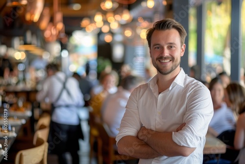 Happy businessman  restaurant owner proudly looking at crowded restaurant  Generative AI