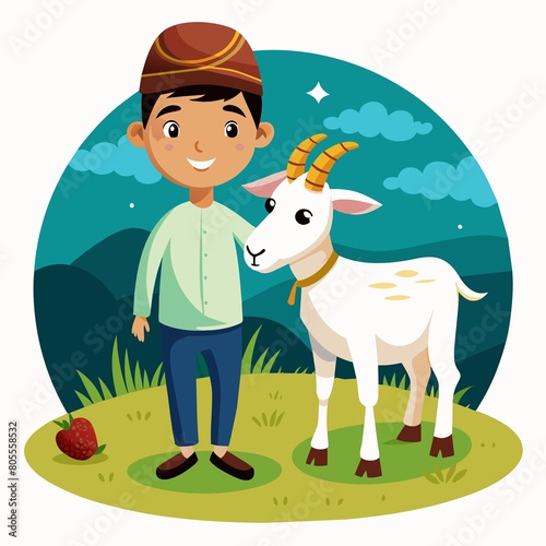 Cute Muslim Boy with Goat Cartoon