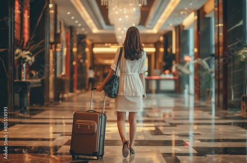 Woman with suitcase in luxury hotel