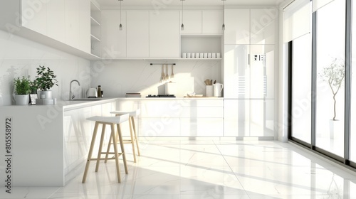 Modern white kitchen interior with furniture  kitchen interior with white wall.