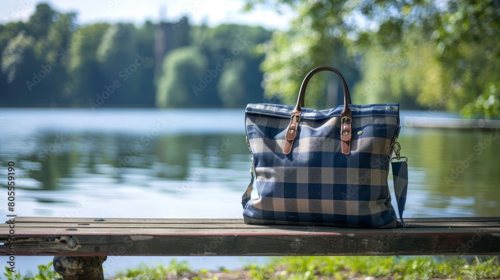 Checkered Picnic Bag on Park Bench Checkered Picnic Bag on Park Bench