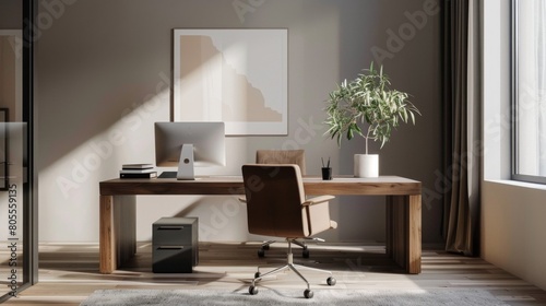 A stylish home office in a minimalist style  with a sleek desk  ergonomic chair  and organized workspace for maximum productivity.