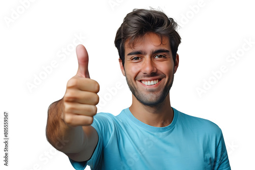 Happy young man doing thumbs up on isolated transparent background