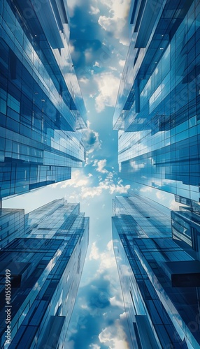 geometry lines and mirrored glass reflections creative abstract background, blue sky and futuristic contemporary fractal structure