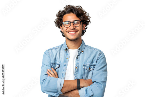 Young man standing holding smartphone and looking at camera on isolated transparent background
