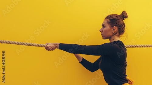 Woman pulling a rope with her hands, useful for illustrating strength and determination