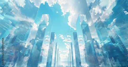 geometry lines and mirrored glass reflections creative abstract background, blue sky and futuristic contemporary fractal structure