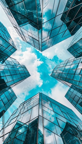 geometry lines and mirrored glass reflections creative abstract background, blue sky and futuristic contemporary fractal structure